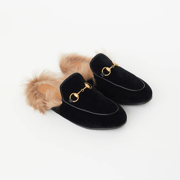 Gucci Princetown Velvet Fur-Lined Mule Black Size 6 - Picture 1 of 14